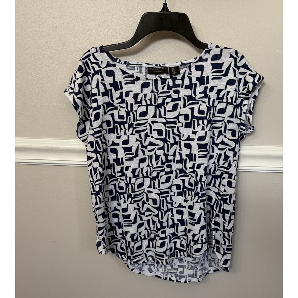Tahari Top Women's Size M Blue White Linen Sleeveless Casual Tunic - Picture 1 of 3